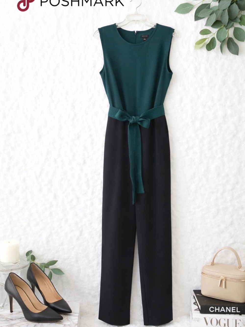 Ann Taylor Teal & Black Sleeveless Belted Jumpsuit